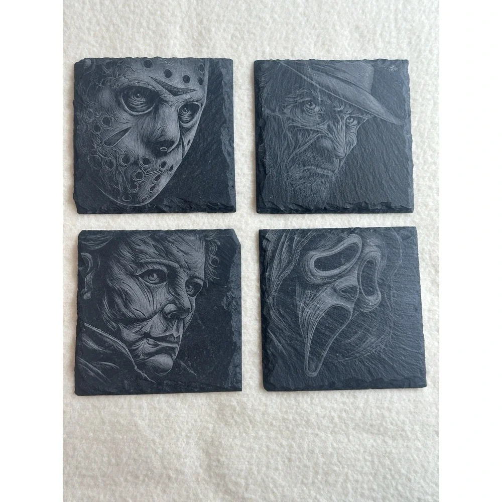 Horror Movie Slate Coasters Set of 4 Laser Engraved Slasher Halloween Gift Art